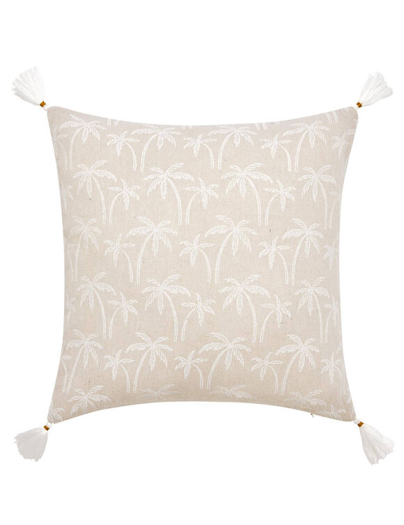 Coussin imprim&eacute; palmiers et pompons (blanc / naturel)