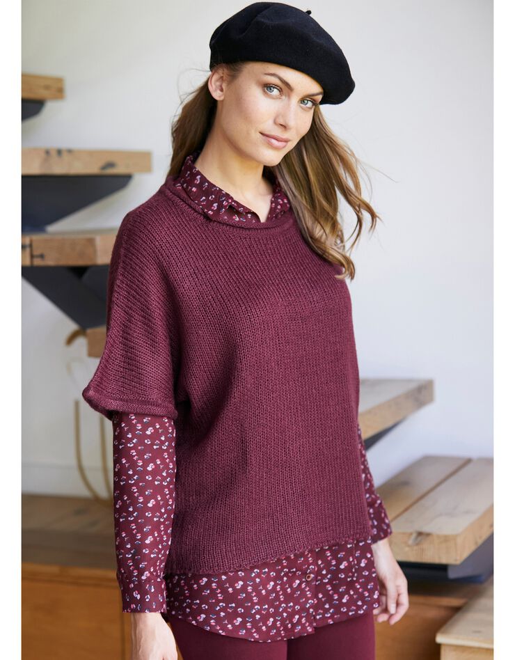 Pull poncho manches coudes (prune)