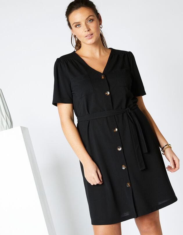 Robe boutonnée col V unie, maille (noir) Robe boutonnée col V unie, maille (noir)