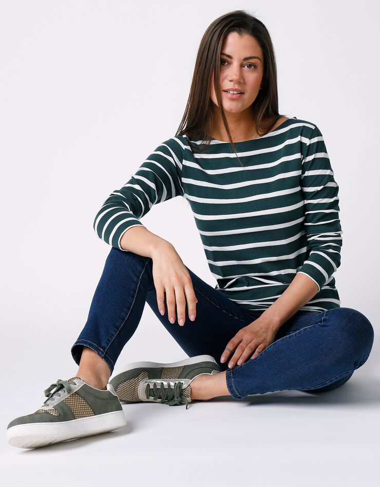Tee-shirt marinière manches longues en coton bio, éco-responsable (vert / blanc) Tee-shirt marinière manches longues en coton bio, éco-responsable (vert / blanc)