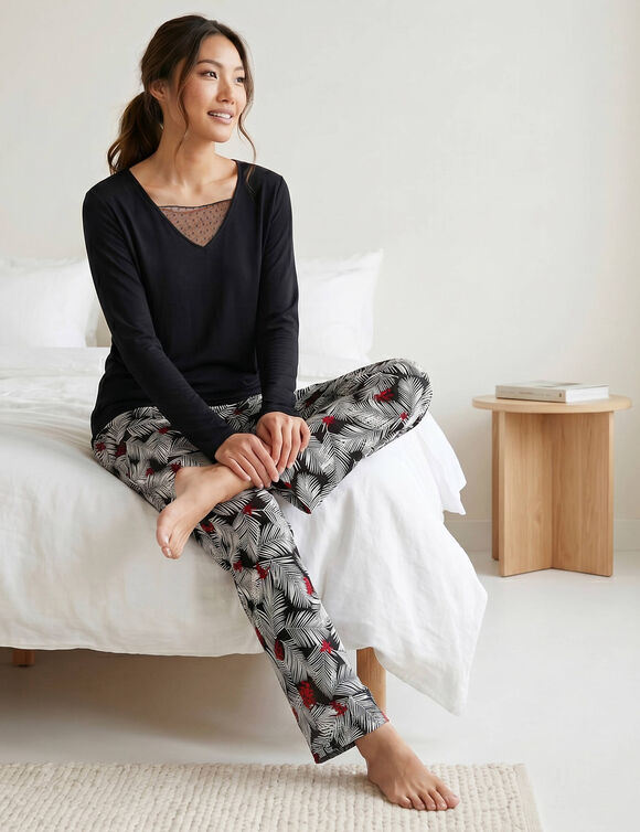 Pyjama pantalon empi&egrave;cement plumetis - imprim&eacute; tropical (noir)