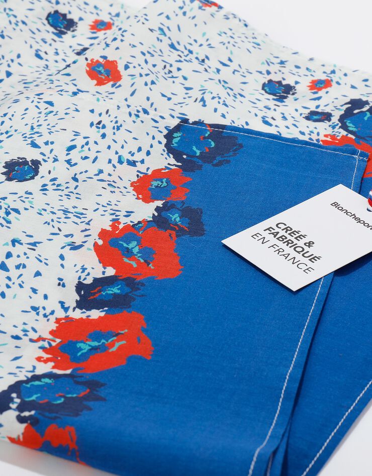 Foulard style chèche fabriqué en France imprimé coquelicots, 160 x 70 cm  - coton (écru / bleu)