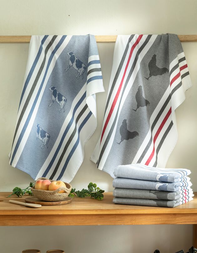 Torchons motif poule et vache - lot de 4 (bleu + gris)