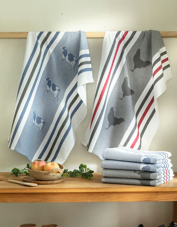 Torchons motif poule et vache - lot de 4 (bleu + gris) Torchons motif poule et vache - lot de 4 (bleu + gris)