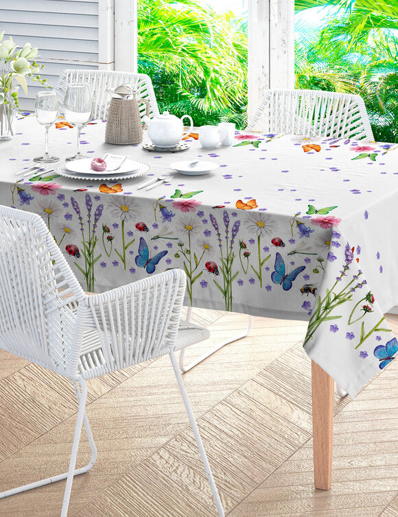 Nappe coton imprimé bucolique (blanc)