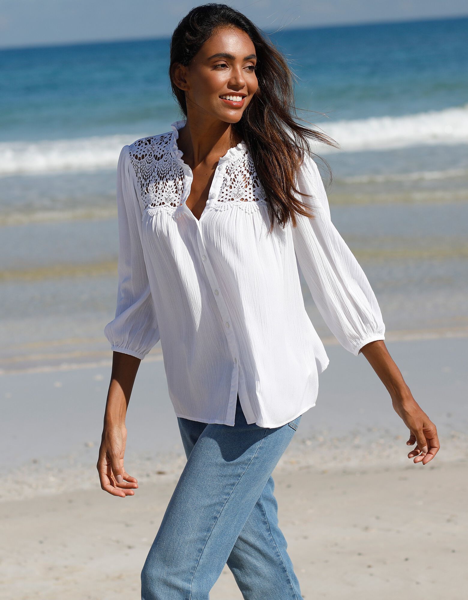 Chemisier D'été élégant à Manches Courtes En Dentelle Et Col En V Pour Femme - Uni