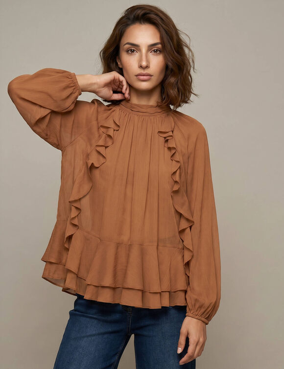 Blouse volant&eacute;e, manches longues blousantes, voile (noisette)