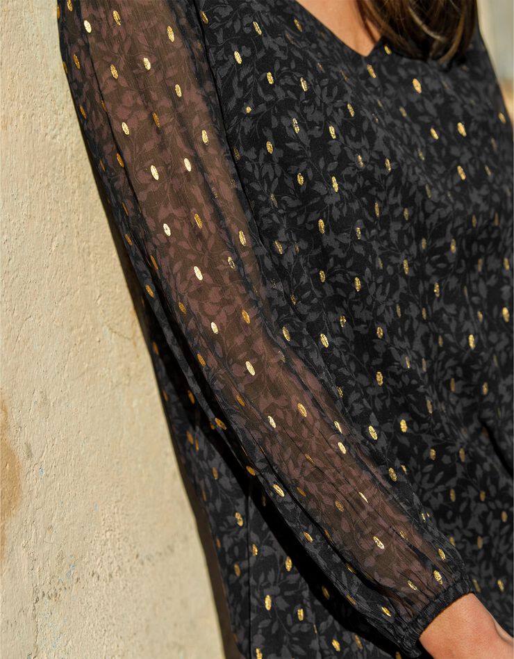 Robe évasée voile imprimé doré (noir) Robe évasée voile imprimé doré (noir)