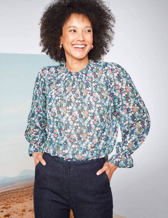 Blouse col victorien, voile imprimé fleuri (bleu nuit / vert)