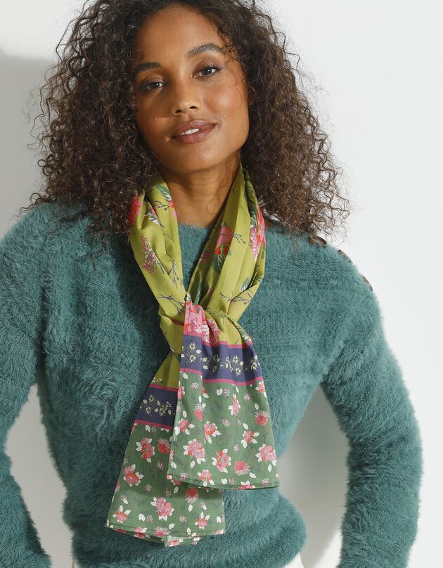 Foulard style chèche fabriqué en France imprimé fleurs, 198 x 38 cm - coton (vert / rose)