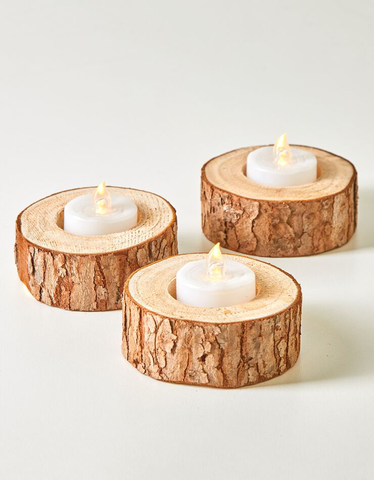 Bougeoir forme rondin de bois - lot de 3 (marron)