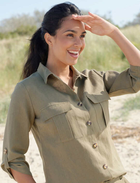 Chemisier lin-coton, manches retroussables (kaki)