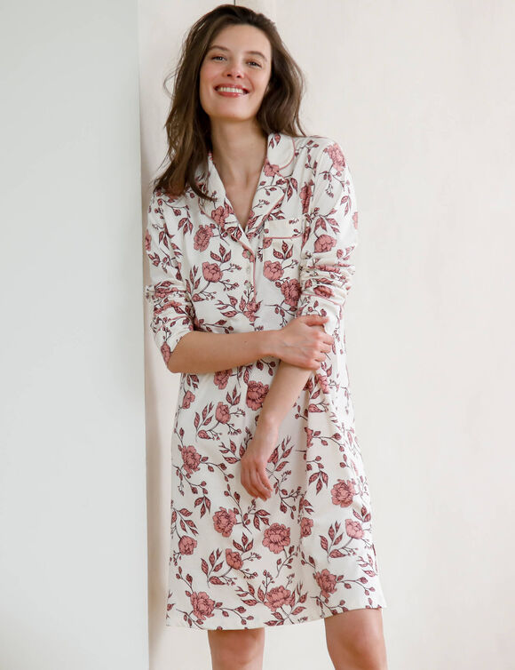 Chemise de nuit col tailleur manches longues, imprim&eacute; floral (&eacute;cru / rose)