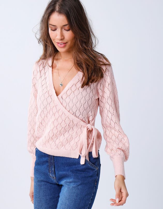 Gilet cache-coeur maille ajourée (rose pâle)