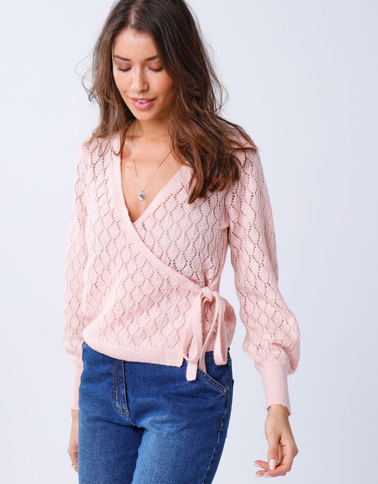 Gilet cache-coeur maille ajourée (rose pâle)