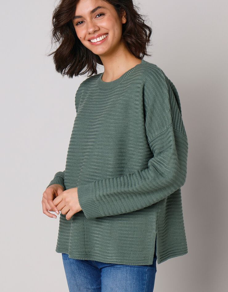 Pull loose maille fantaisie effet rayures (kaki) Pull loose maille fantaisie effet rayures (kaki)
