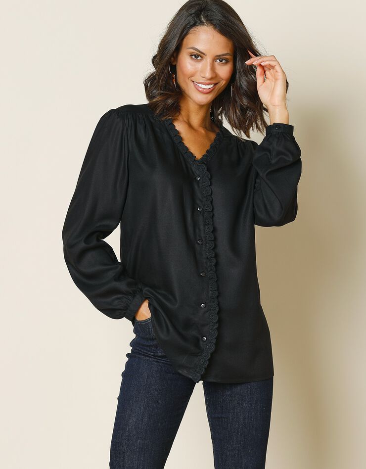 Blouse boutonnée twill et macramé (noir) Blouse boutonnée twill et macramé (noir)