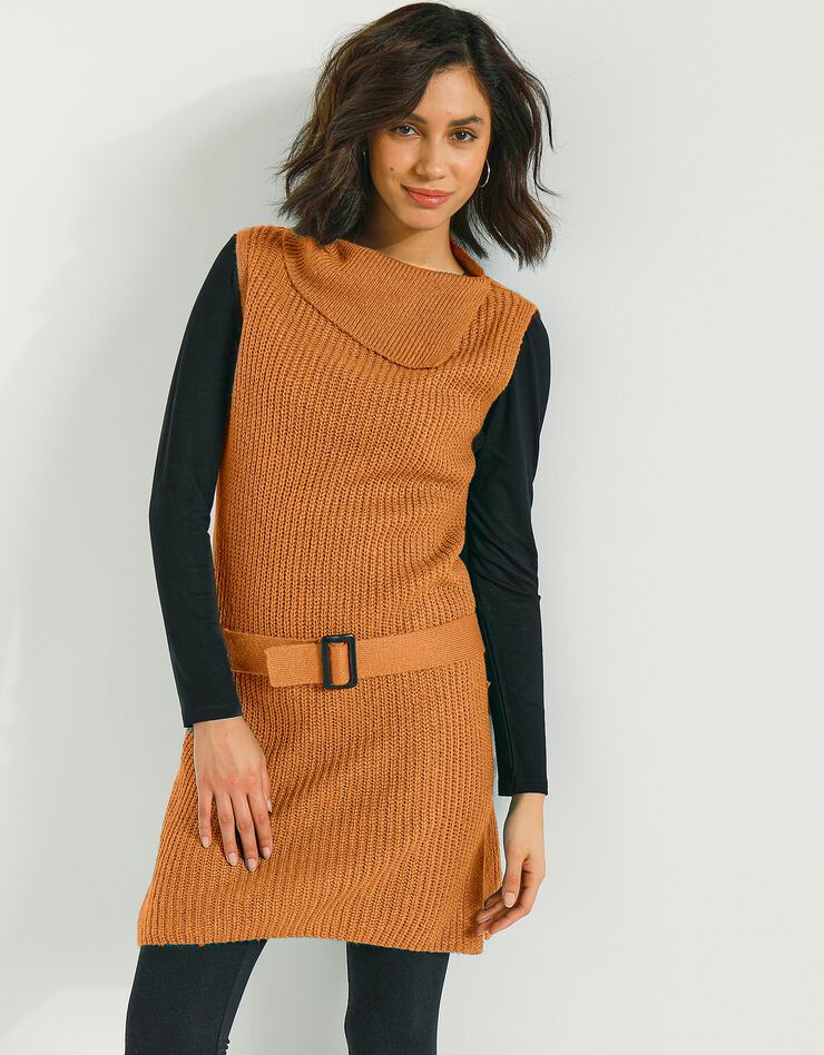 Pull tunique sans manches uni à ceinture amovible - toucher mohair (ocre) Pull tunique sans manches uni à ceinture amovible - toucher mohair (ocre)