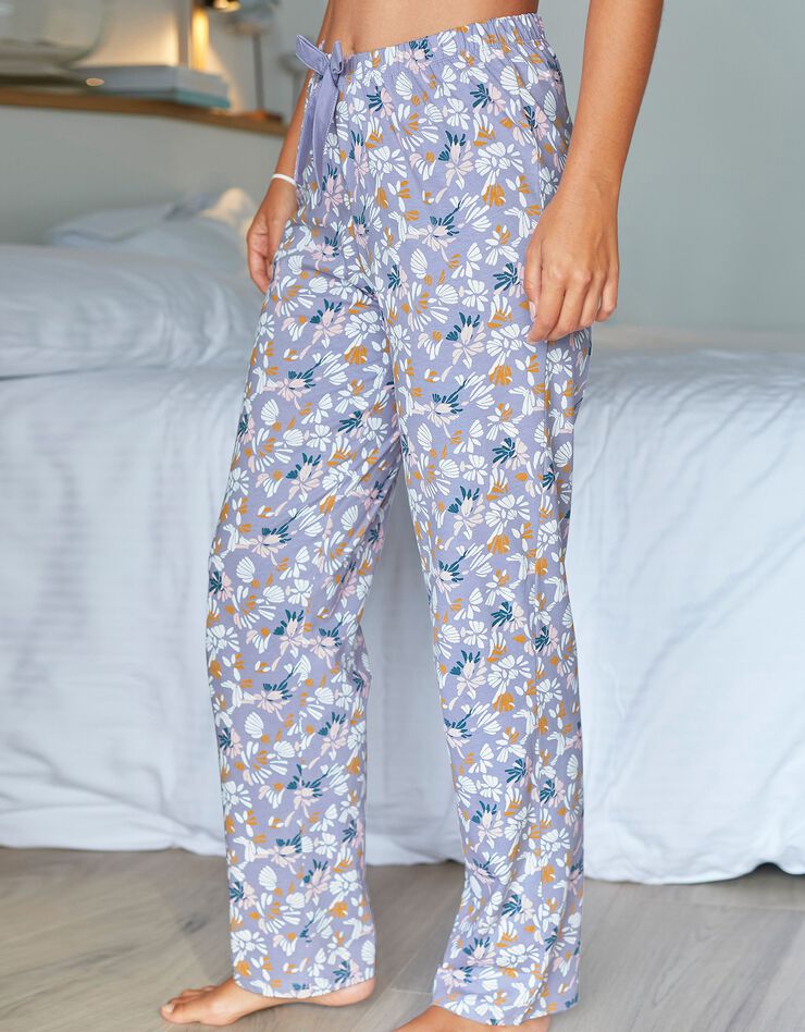Pantalon pyjama coton imprimé "pétales" (parme / écru) Pantalon pyjama coton imprimé "pétales" (parme / écru)