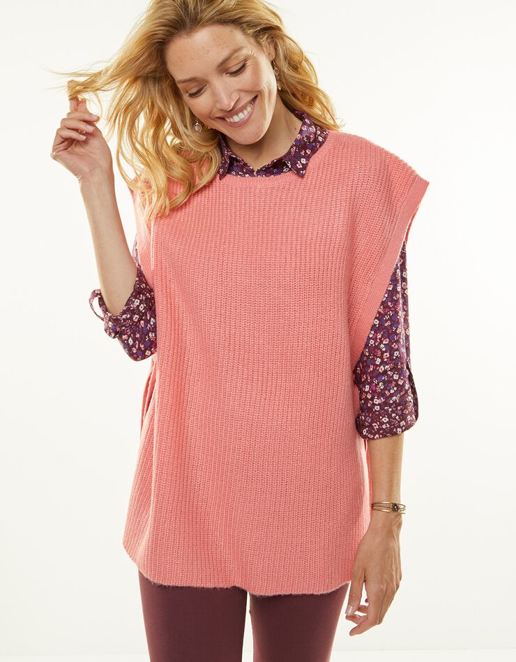 Pull tunique sans manches, maille anglaise toucher mohair (corail)