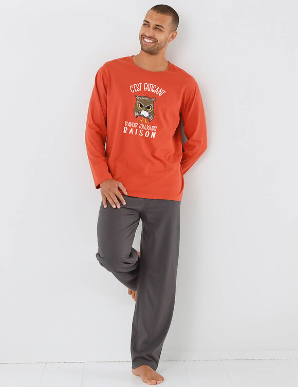 Pyjama message motif hibou manches longues  (orange / anthracite)