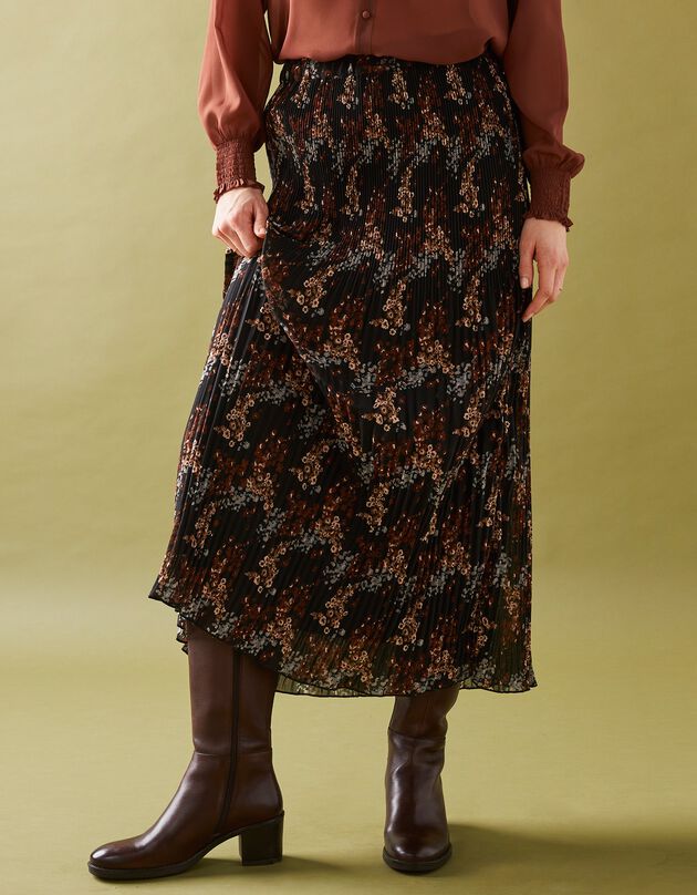 Jupe petite stature voile plissé imprimé fleuri, polyester recyclé(1) (noir / caramel)