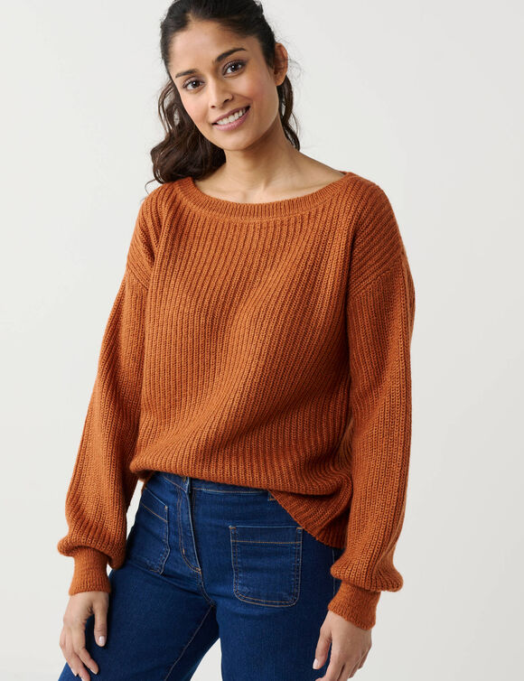 Pull col bateau &agrave; manches blousantes, maille anglaise (caramel)
