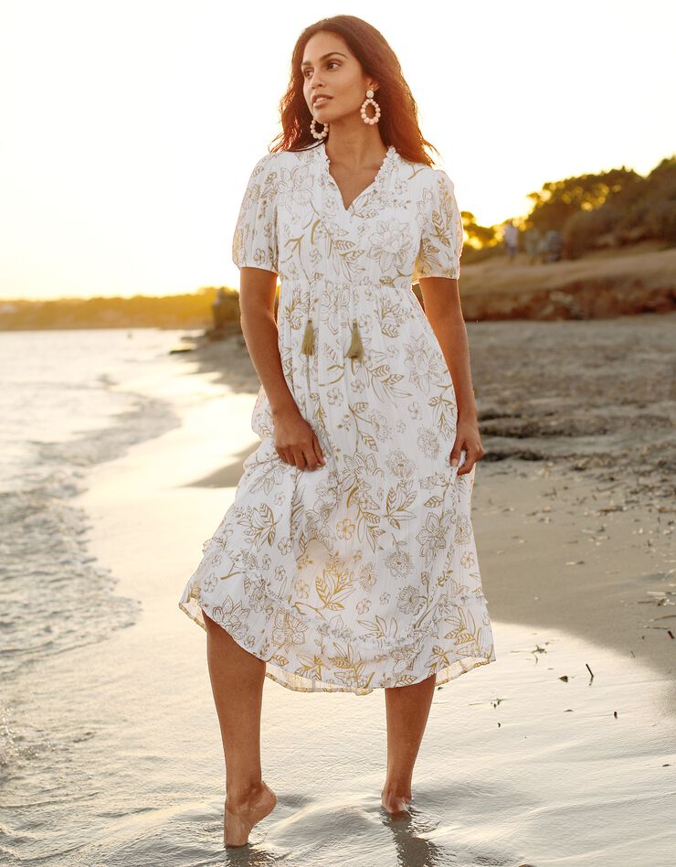 Robe longue volantée imprimée (blanc / caramel) Robe longue volantée imprimée (blanc / caramel)