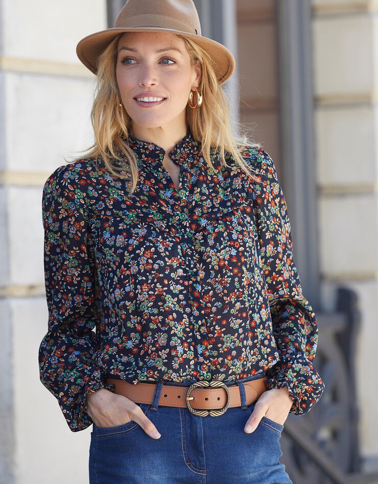 Blouse volantée imprimée, crépon (marine / vert) Blouse volantée imprimée, crépon (marine / vert)