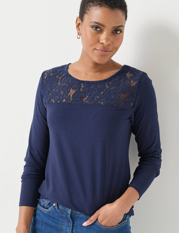 T-shirt col rond manches longues dentelle (marine)