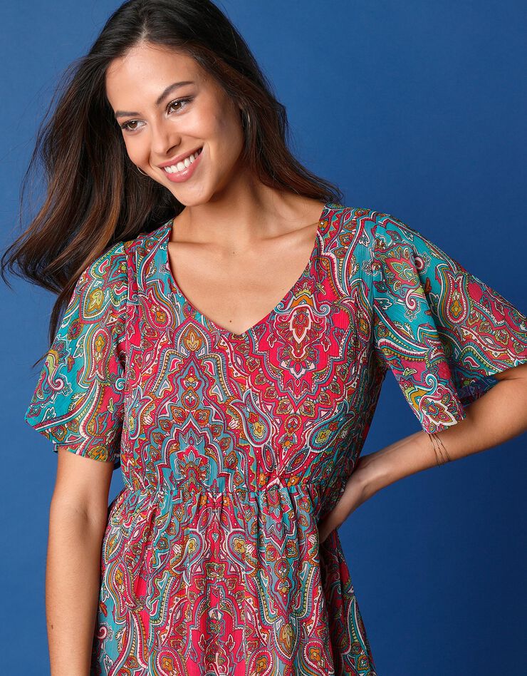 Robe longue en voile imprimé (aqua / rose)