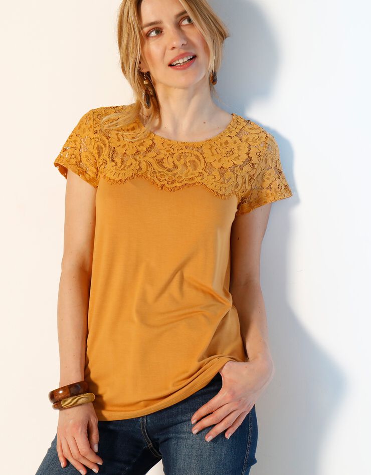Tee-shirt dentelle col rond manches courtes (miel) Tee-shirt dentelle col rond manches courtes (miel)
