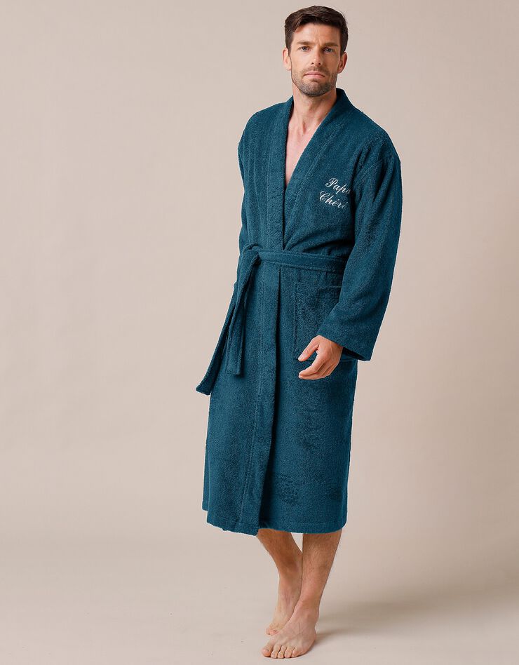 Peignoir mixte adulte uni coton éponge bouclette col kimono personnalisé (bleu paon)