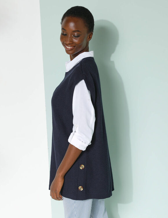 Pull-tunique sans manches à boutons effet corne, maille fantaisie (marine)