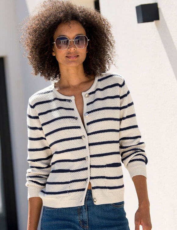 Cardigan rayé à boutons officier, maille fantaisie. (écru / marine)
