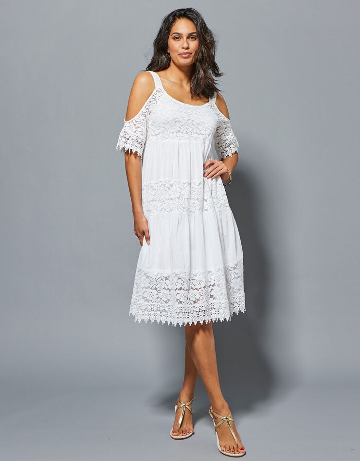 Robe dentelle macramé épaules dénudées (blanc)