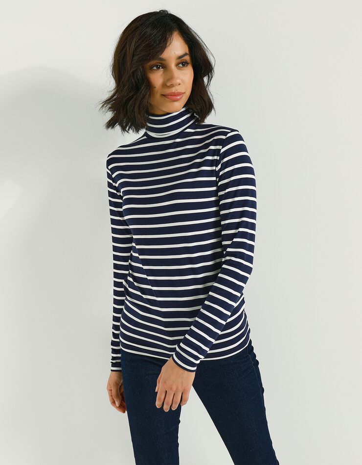 Sous-pull rayé col roulé viscose stretch (marine / écru) Sous-pull rayé col roulé viscose stretch (marine / écru)