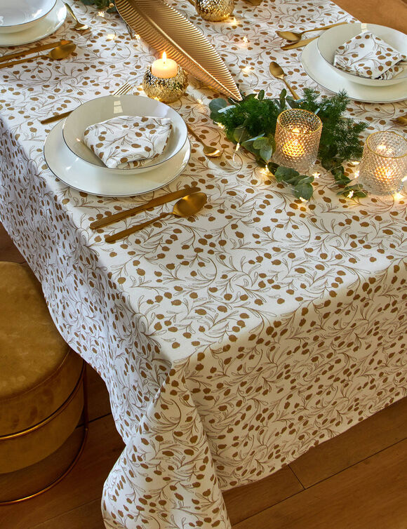 Nappe imprim&eacute;e petites feuilles coloris dor&eacute; (blanc / dor&eacute;)