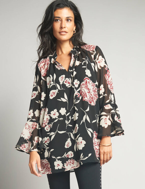 Tunique ample, en voile imprim&eacute; (noir / beige)