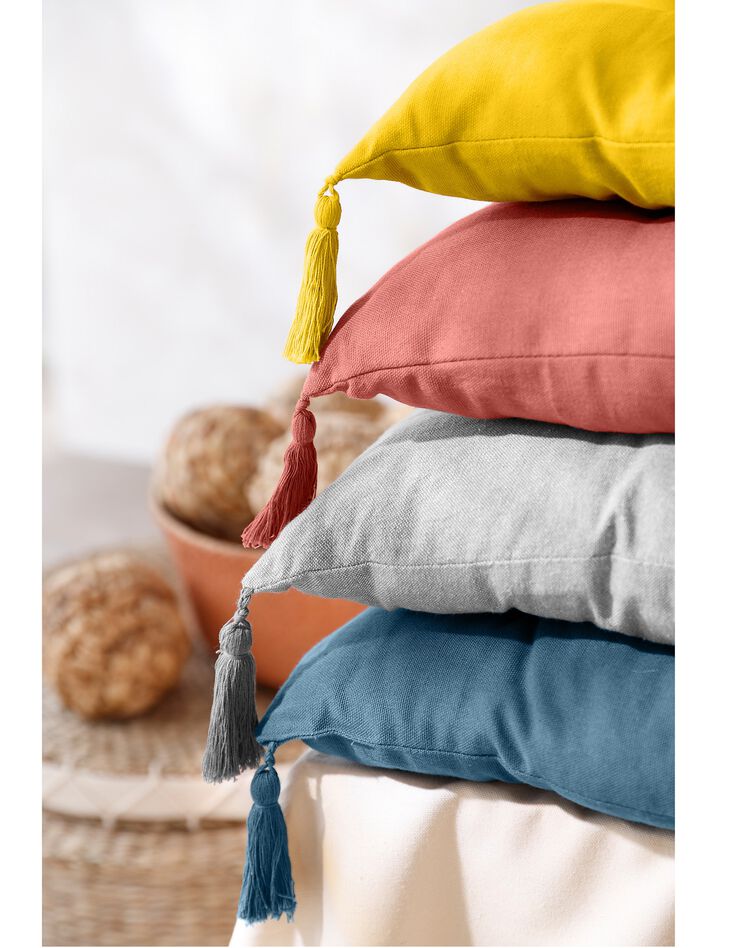 Long coussin déco coton recyclé finition pompons (bleu) Long coussin déco coton recyclé finition pompons (bleu)
