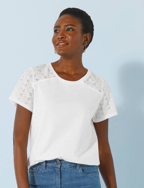T-shirt col rond manches courtes, détail broderie anglaise (blanc)