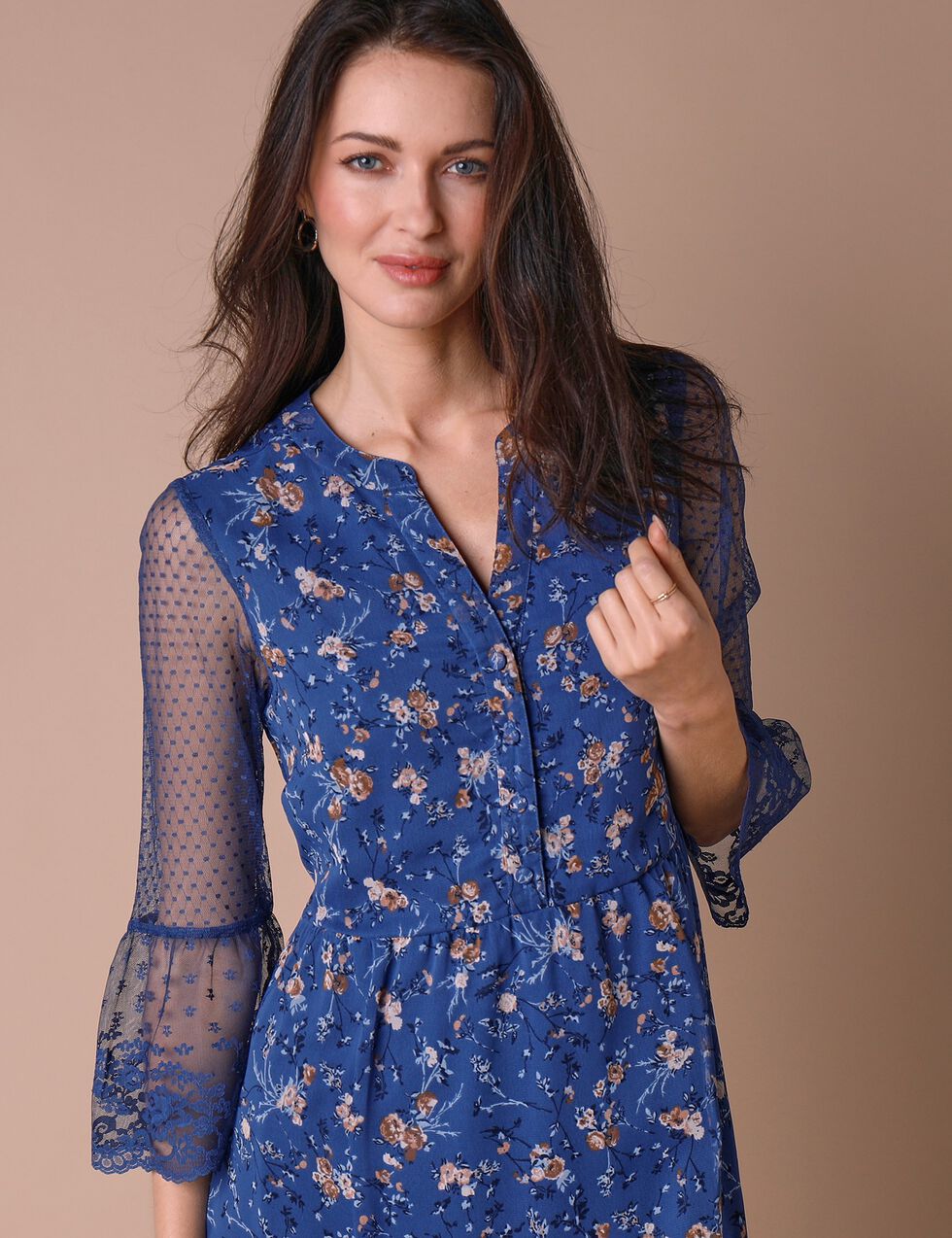 Robe dentelle manches 3/4 imprim?�e, bleu gris?� | Blancheporte