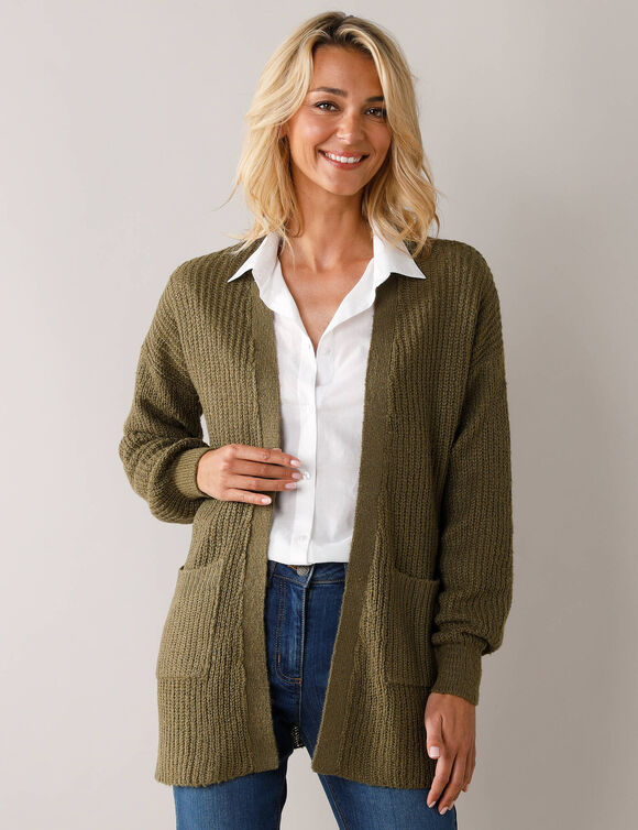 Gilet long porter ouvert, maille anglaise toucher doux (bronze)