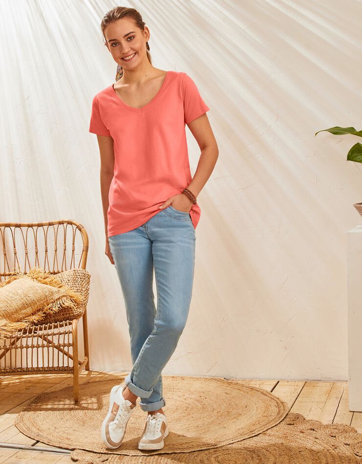 Tee-shirt col V uni manches courtes coton (mandarine) Tee-shirt col V uni manches courtes coton (mandarine)