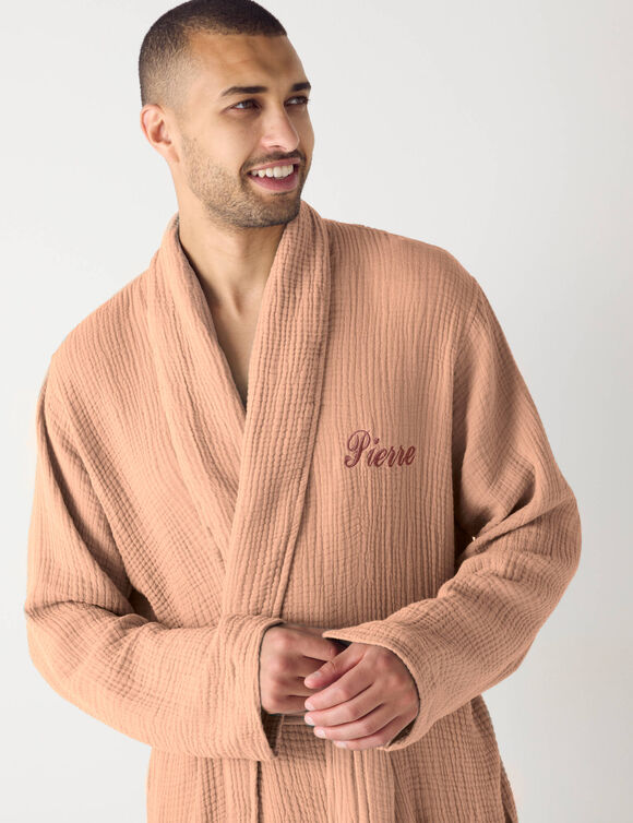Peignoir de bain mixte col ch&acirc;le &agrave; personnaliser - triple gaze de coton (praline)