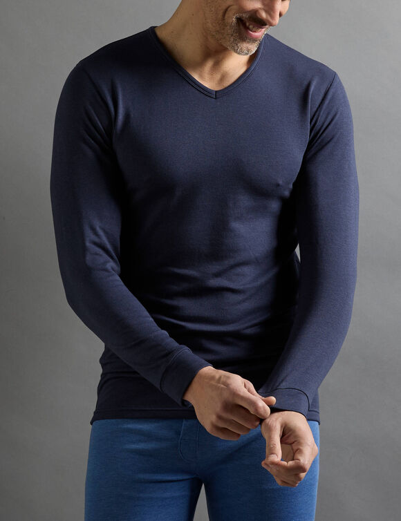 T-shirt sous-v&ecirc;tement homme col V manches longues chaleur mod&eacute;r&eacute;e - lot de 2 (marine)