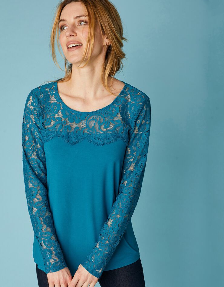Tee-shirt col rond manches longues, dentelle jersey (bleu prusse) Tee-shirt col rond manches longues, dentelle jersey (bleu prusse)