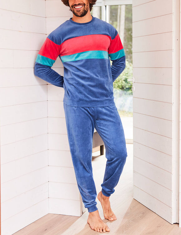 Pyjama tricolore velours manches longues (marine)