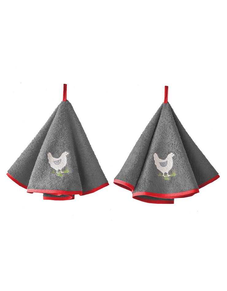 Torchons rond éponge brodée poule - lot de 2 (gris) Torchons rond éponge brodée poule - lot de 2 (gris)