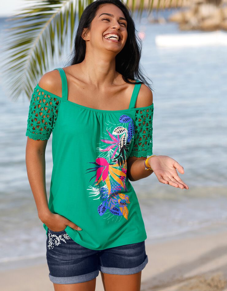 Tee-shirt imprimé épaules dénudées (vert) Tee-shirt imprimé épaules dénudées (vert)